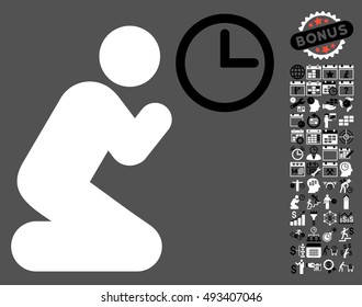 Pray Time icon with bonus calendar and time management symbols. Vector illustration style is flat iconic bicolor symbols, black and white colors, gray background.