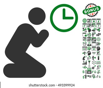 Pray Time pictograph with bonus calendar and time management pictograph collection. Vector illustration style is flat iconic bicolor symbols, green and gray colors, white background.