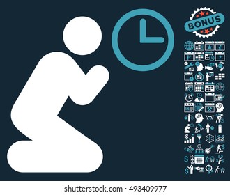 Pray Time pictograph with bonus calendar and time management pictogram. Vector illustration style is flat iconic bicolor symbols, blue and white colors, dark blue background.