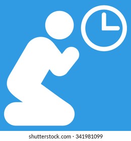 Pray Time vector icon. Style is flat symbol, white color, rounded angles, blue background.