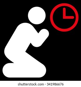 Pray Time vector icon. Style is bicolor flat symbol, red and white colors, rounded angles, black background.