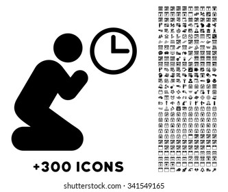 Pray Time vector pictogram with additional 300 date and time management icons. Style is flat symbols, black color, rounded angles, white background.