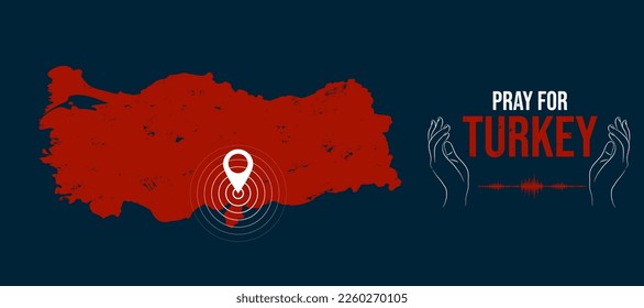 Pray for Turkey background banner with map and hands praying. Turkey under earthquake on February 6, 2023. Vector art illustration