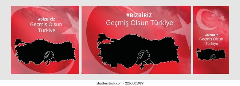 Pray for Turkey earthquake. Turkish: Geçmiş olsun Türkiye. Map of Turkey in color of national flag with cracks. Help, solidarity Maras, Hatay Turkey earthquake. Pray for Turkey Vector illustration