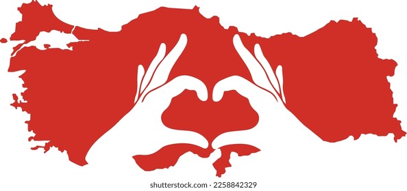 Pray for Turkey. Turkey map with hands. Heart shape with hands on Turkiye silhouette. Stand with Turkey. Support Turkiye illustration