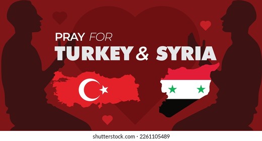 Pray for Turkey and Syria earthquake disaster. Countries under rubble. Vector eps 10 illustration for background. Features national flag and map. Share the love.