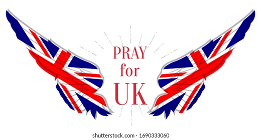 Pray for UK. Coronavirus outbreak in Great Britain. Angel Wings in United Kingdom flag color.