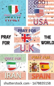 PRAY FOR U.K, USA, ITALY,SPAIN IRAN coronavirus graphic illustration with face mask vector template for social media post, banner, poster etc.