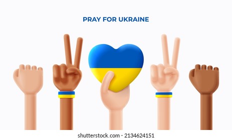 Pray for Ukraine banner concept. 3d white and black hands show different gesture and hold heart with colors of ukrainian flag. Vector illustration with concept of Ukraine support.