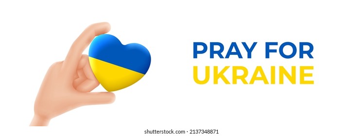 Pray for Ukraine banner concept. 3d cartoon hand holds heart with colors of ukrainian flag. Vector illustration with concept of Ukraine support.