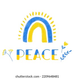 Pray for Ukraine, boho rainbow colored pencils hand drawn vector illustration, Ukraine national flag colors. Blue and yellow symbol of peace. Stop war icon. Support Ukraine sticker for social media.