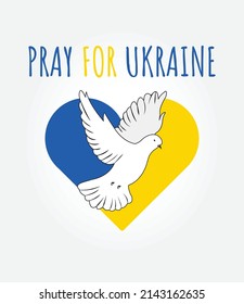 Pray for Ukraine concept background, Ukrainian flag inside the heart and dove of peace in front.