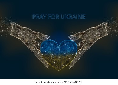 Pray for Ukraine concept in flag colors . Polygonal low poly style illustration