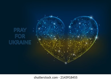 Pray for Ukraine concept. Save Ukraine and I Support Ukraine. Heart shape flag of ukraine. Polygonal low poly style illustration