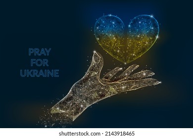 Pray for Ukraine concept. Save Ukraine and I Support Ukraine. Heart shape flag of ukraine. Polygonal low poly style illustration