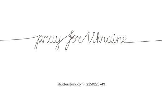 Pray for Ukraine continuous line drawing. One line art of english hand written lettering with wishes of peace.