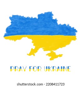 Pray for Ukraine, country map colored pencils hand drawn vector illustration, Ukraine national flag colors. Blue and yellow symbol of peace. Stop war icon. Support Ukraine sticker for social media.