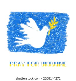 Bete für die Ukraine, Taube mit einem Zweig gefärbte Bleistifte handgezeichnet Vektorgrafik, Ukraine nationale Fahnen Farben. Blaues und gelbes Symbol der Ruhe. Hör auf zu Krieg. Unterstützung der Ukraine Aufkleber für soziale Medien.