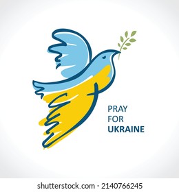 Pray for Ukraine. Flying bird as a symbol of peace. Flag of Ukraine in the form of a dove of peace. The concept of peace in Ukraine. Vector illustration.
