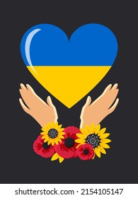 Pray for Ukraine. Heart with the flag of Ukraine in people's hands. Love for the Motherland, support and faith in victory. Black vertical poster. Vector.