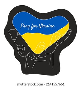 Pray for Ukraine. Heart with Ukrainian flag in open palm. Vector flat illustration isolated on white background. 