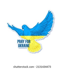 Pray for Ukraine Illustration. Ukrainian flag in a hand drawn Dove Bird peace symbol, sign, badge, label tmplate. Pray for Ukraine, help, stop war apparel print emblem. Social Media Sticker. Isolated