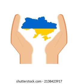 Recen por Ucrania. Icono de mapa con la bandera de Ucrania en manos de la gente. Amor por la Madre Patria, apoyo y fe en la victoria. Vector.