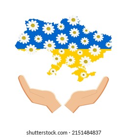 Pray for Ukraine. Map icon with flag of Ukraine and spring flowers in people's hands. Love for the Motherland, support and faith in victory. Vector.