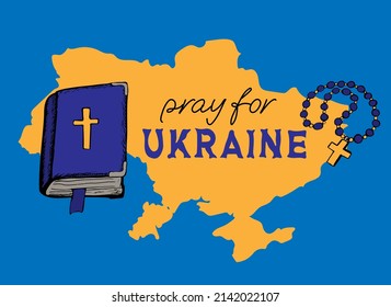 Pray for Ukraine. Ukraine map silhouette and holly bible in blue and yellow colors of ukrainian flag. Vector illustration