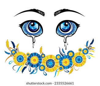 Recen por Ucrania, mamá está llorando, bandera ucraniana rezando concepto de ilustración vectorial. Recen por la paz en Ucrania. Salvemos a Ucrania de rusia.