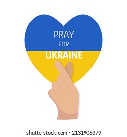 Pray for Ukraine on yellow and blue heart background. Korean heart gesture. Love Ukraine, no war support illustration. 