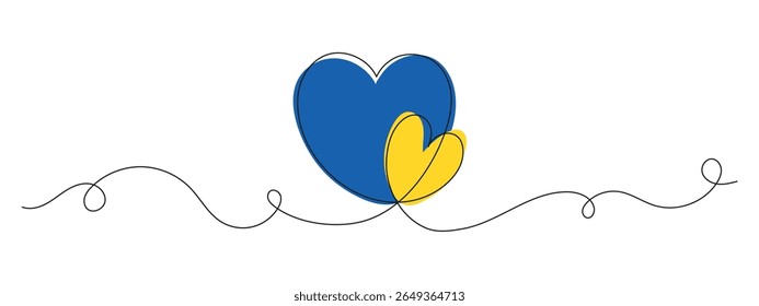 Rezem pela Ucrânia. Um desenho de linha de dois corações em cores de bandeira ucraniana. Símbolo patriótico minimalista de paz e apoio. Ilustração de linha contínua vetorial.