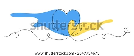 Pray for Ukraine. One line drawing of two hearts filled with Ukrainian flag colors. Minimalist symbol of peace, unity, and support. Continuous line art. Vector illustration.