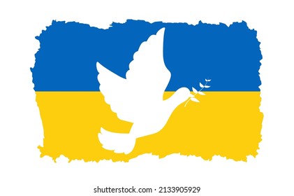 Pray for Ukraine. stop the war. Flying peace dove with olive branch logo symbol. Flag of Ukraine with a dove of peace icon vector. Dove peace symbol.