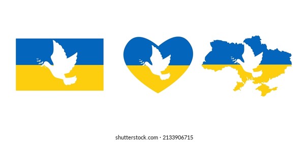 Pray for Ukraine. stop the war. Flying peace dove with olive branch logo symbol on the flag of ukraine. A flying dove of peace on a heart in the shape of the Ukrainian flag. Dove peace symbol.