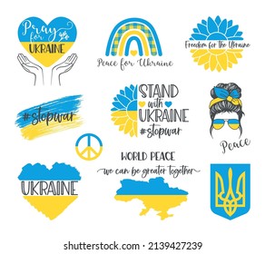 Pray for Ukraine, stop war, Freedom for the Ukraine, Stand with Ukraine set vector design illustration