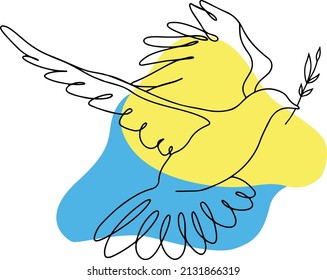 Pray for Ukraine. Stop the war. Heart-shaped icon with Ukrainian flag. Flying peace dove with olive branch logo symbol. White pigeon. Say no to war