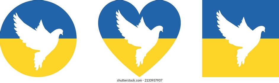 Pray for Ukraine. Stop the war. Heart-shaped icon with Ukrainian flag. Flying peace dove with olive branch logo symbol. White pigeon. Say no to war. Stop the war in Ukraine