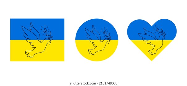 Pray for Ukraine. Stop the war.  White pigeon. Say no to war. Patriotic of Ukraine flag. Vector isolated on white background.