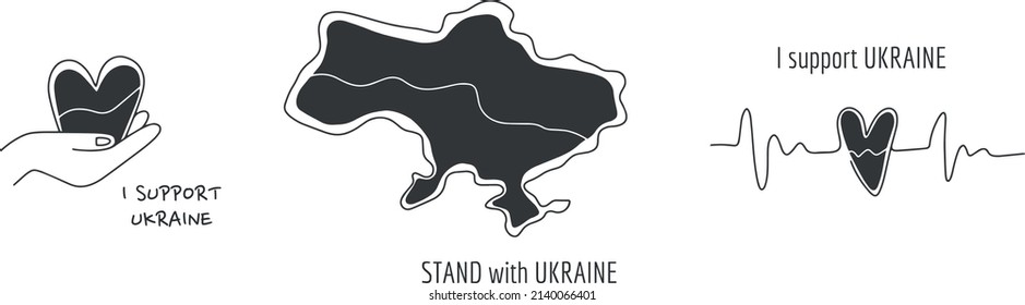 Pray for Ukraine. Support Ukraine hand drawn outline sticker set for stop war between Russia and Ukraine with hearts