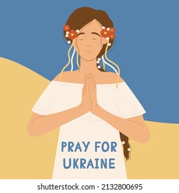 Pray for Ukraine. Support for Ukraine. No war. Woman pray. Support against fighting. Colors of the flag of Ukraine background 