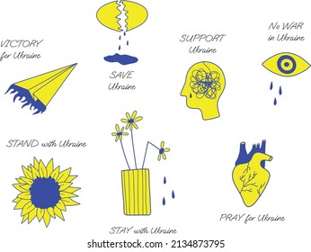Pray for Ukraine. Support Ukraine sticker set for stop war. Blue and yellow colors