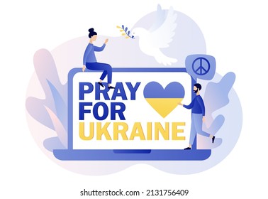 Pray for Ukraine - text on laptop screen. Flying bird as symbol of peace. No war. Stop war. Save Ukraine. Modern flat cartoon style. Vector illustration on white background