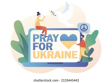 Pray for Ukraine - text on laptop screen. Save Ukraine. Flying bird as symbol of peace. No war. Stop war. Modern flat cartoon style. Vector illustration on white background