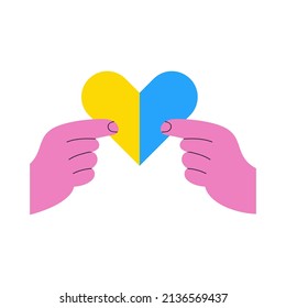 Pray for Ukraine vector flat illustration. Ukrainian blue and yellow heart in hand sticker. War in Ukraine illustration. Stop Russia. Love and Peace.