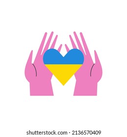 Reza por la ilustración plana vectorial de Ucrania. Corazón azul y amarillo ucraniano en mano. Ilustración de la guerra en Ucrania. Detengan a Rusia. Amor y paz.
