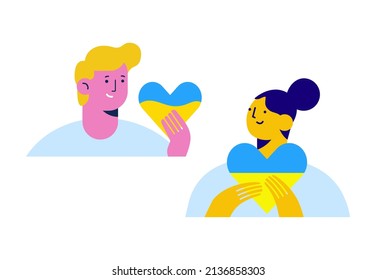 Pray for Ukraine vector flat illustration. Man and woman with blue and yellow heart in hand sticker. War in Ukraine illustration. Stop Russia. Love and Peace.
