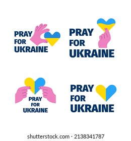 Bete für die Ukraine, Vektorgrafik. Ukrainisches blaues und gelbes Herz in Hand Aufkleber. Krieg in der Ukraine Illustration. Stoppt Russland. Liebe und Frieden.
