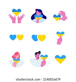 Pray for Ukraine vector flat illustration. Ukrainian blue and yellow heart in hand sticker. War in Ukraine illustration. Stop Russia. Love and Peace.
