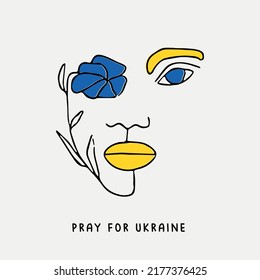 Pray for Ukraine. Vector line art illustration with blue and yellow color. Background banner design with face